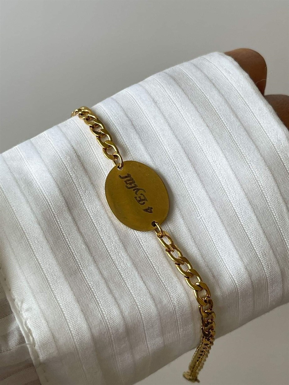 Çelik Gold Renk İsim Yazdırılabilir Künye Bileklik (21 Cm)
