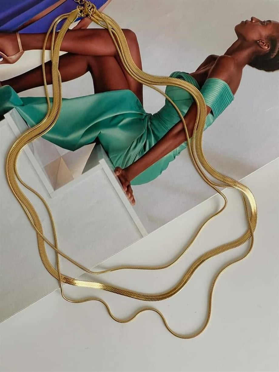 Çelik Gold Renk İtalyan Zincir Snake Kombinli Üçlü Birleşik Kombin Kolye (48 Cm)