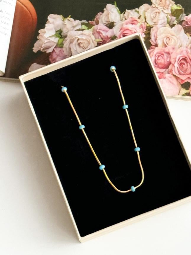 Çelik Gold Renk Mavi Boncuklu Minimal Kolye (45 Cm)