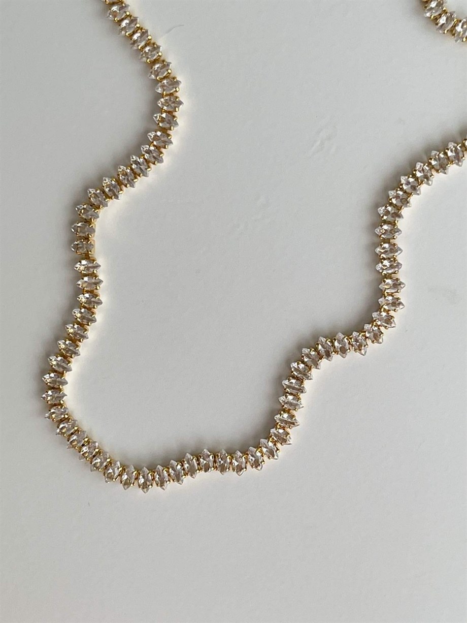 Çelik Gold Renk Mekik Baget Taşlı Kolye (45 Cm)