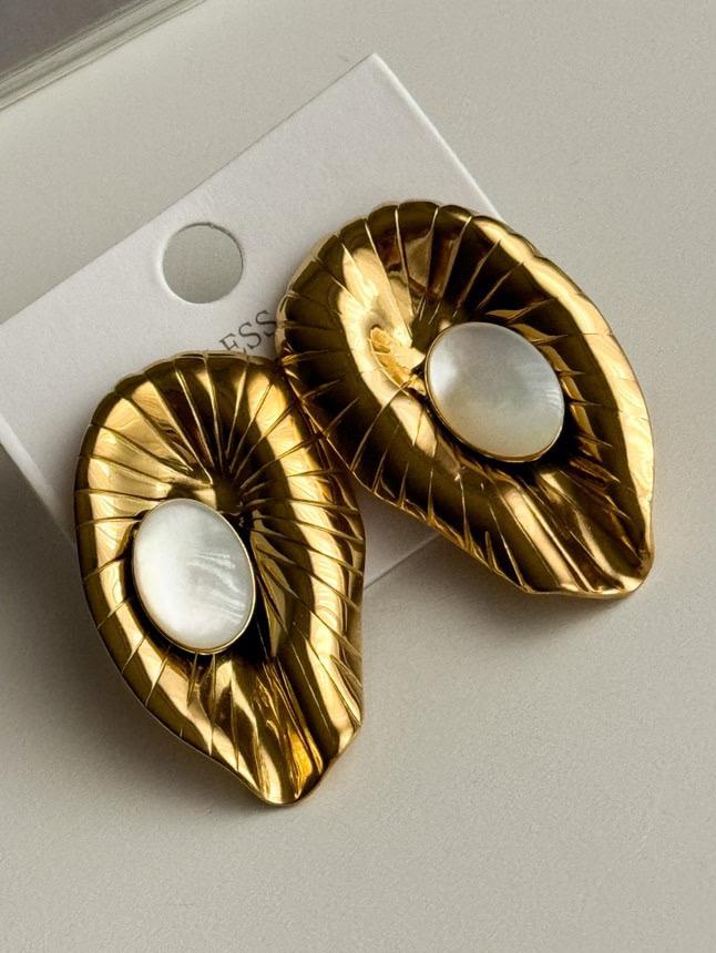 Çelik Gold Sedefli Midye Küpe (4 Cm)