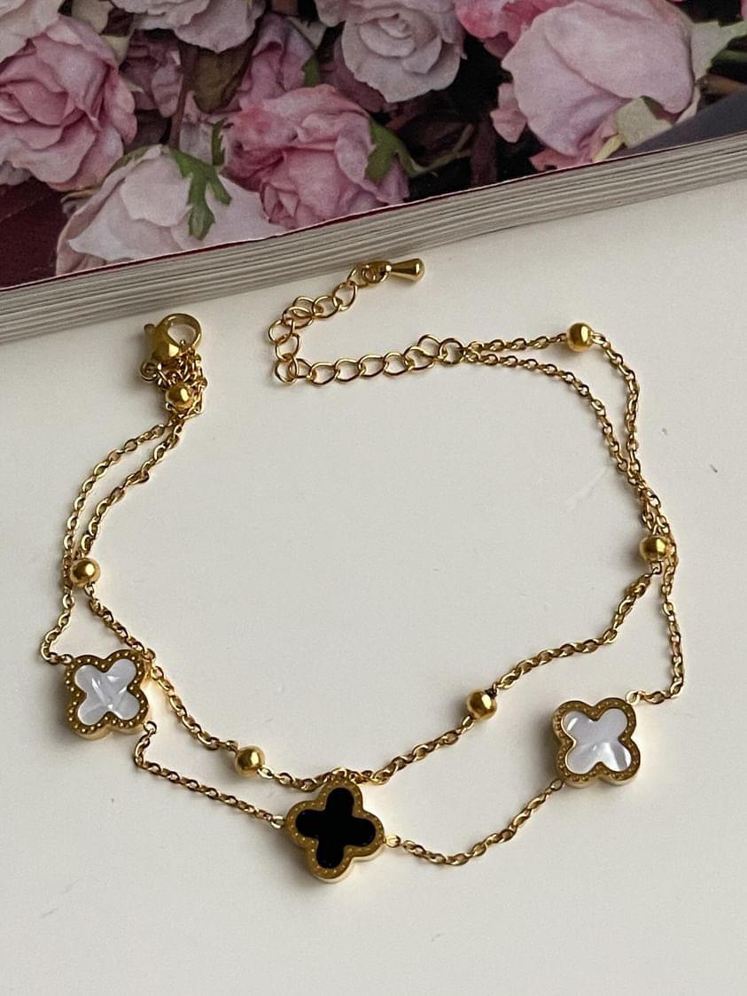 Çelik Gold Siyah Beyaz One Cleef İkili Birleşik Kombin Halhal (27 Cm)