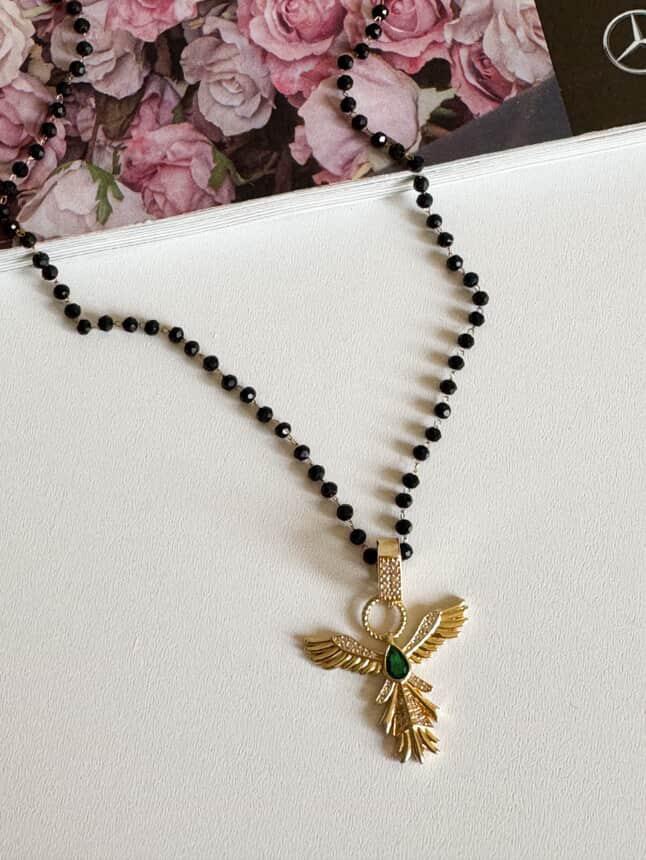 Çelik Gold Siyah Boncuklu Yeşil Taşlı Anka Kolye (53 Cm)