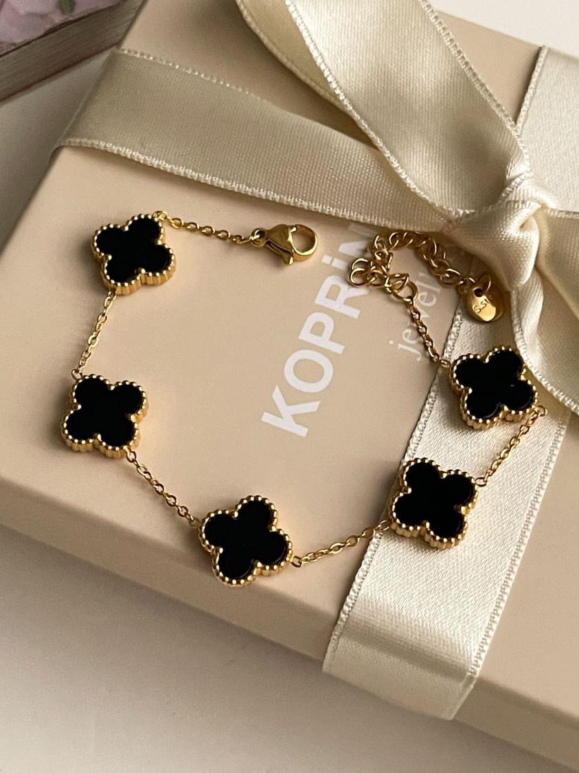 Çelik Gold Siyah One Cleff Bileklik  (23 Cm)