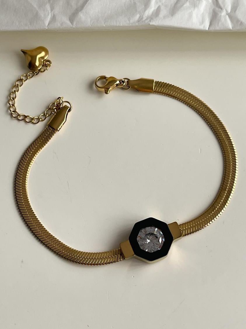 Çelik Gold Siyah Taşlı İtalyan Zincir Bileklik (23 Cm)