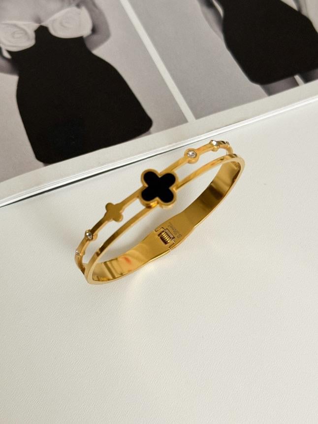Çelik Gold Siyah Taşlı One Cleef Kelepçe Bileklik 