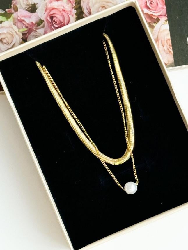 Çelik Gold Snake İkili Birleşik Kombin İncili Kolye (47 Cm)