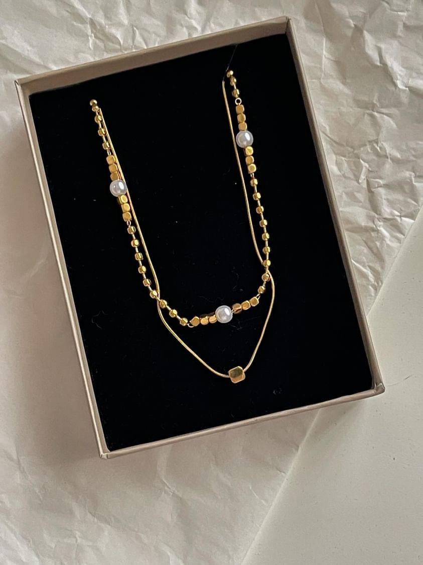 Çelik Gold Topçuklu İncili İkili Birleşik Kombin Kolye (46 Cm)