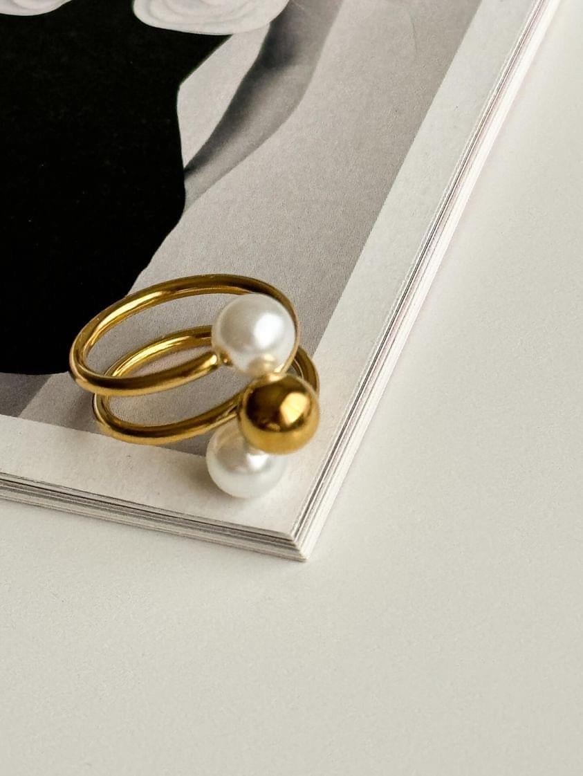 Çelik Gold Topçuklu İncili Numaralı Yüzük (17 Numara)