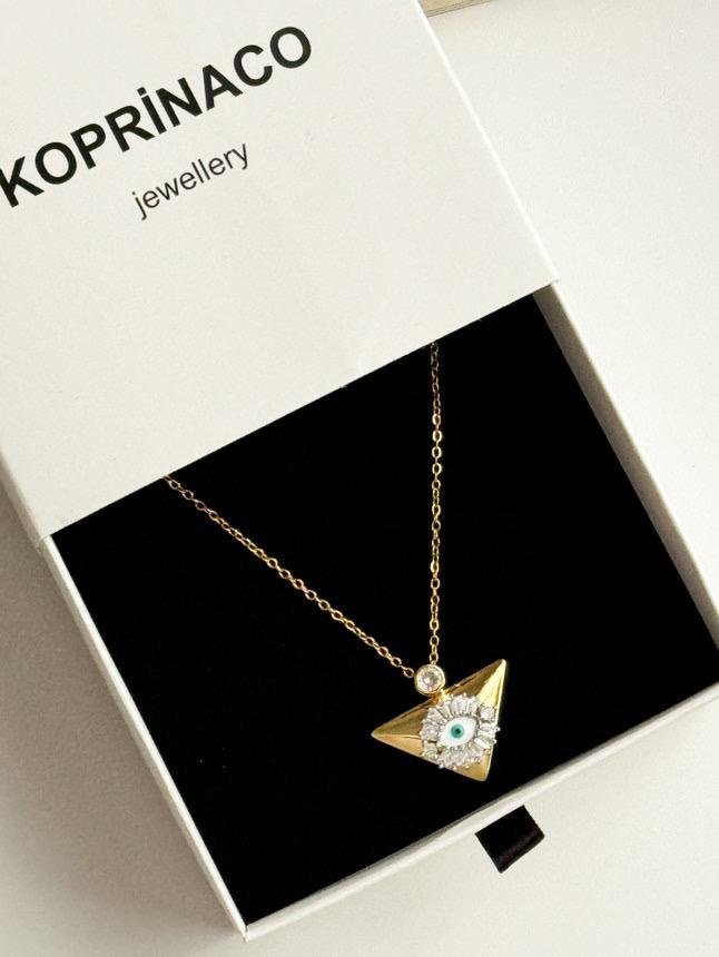 Çelik Gold Üçgen Baget Taşlı Göz Kolye (45 Cm)