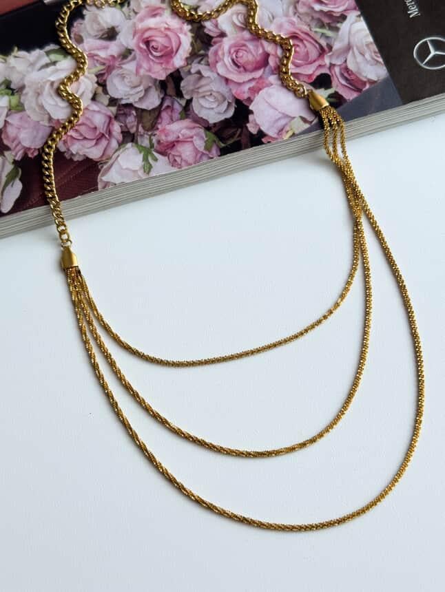 Çelik Gold Üçlü Birleşik Kombin Kolye (45 Cm)