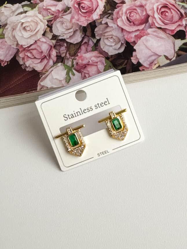 Çelik Gold Yeşil Taşlı Serenay Küpe (1.5 Cm)