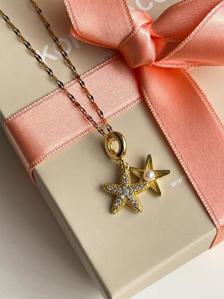 Çelik Gold Yıldızlı İçi Açılabilen İncili Kolye (45 Cm)