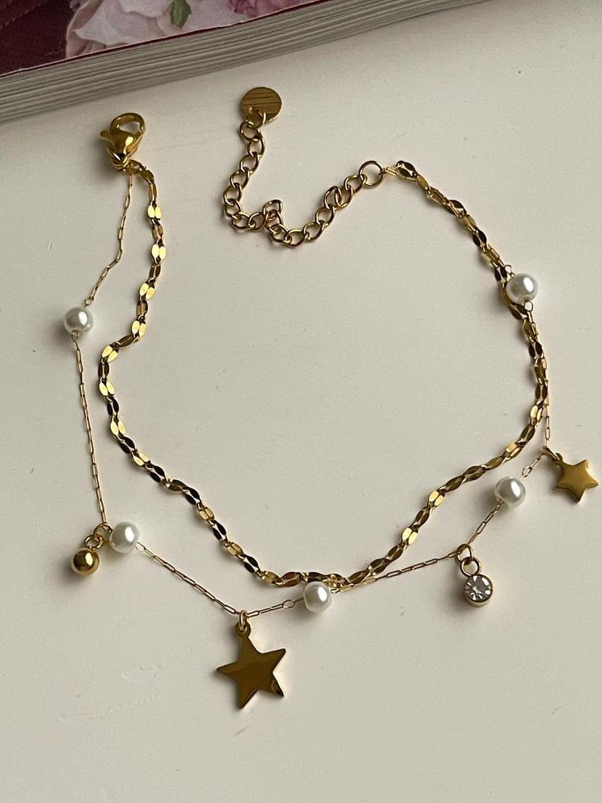 Çelik Gold Yıldızlı İncili İkili Birleşik Kombin Halhal (27 Cm)