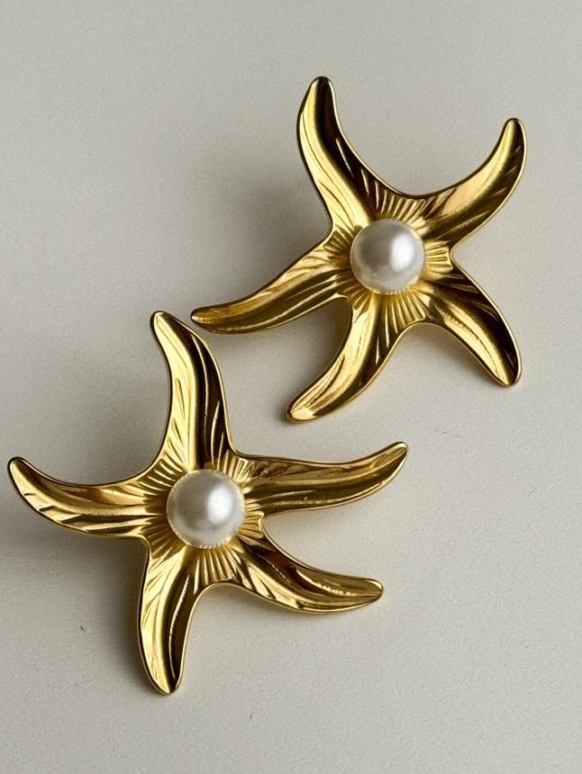 Çelik Gold Yıldızlı İncili Küpe (3 Cm)