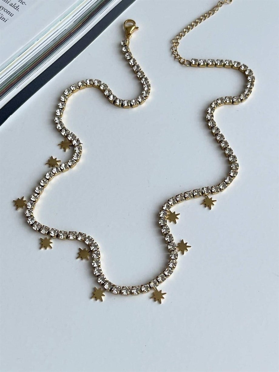 Çelik Gold Yıldızlı Su Yolu Taşlı Kolye (45 Cm)