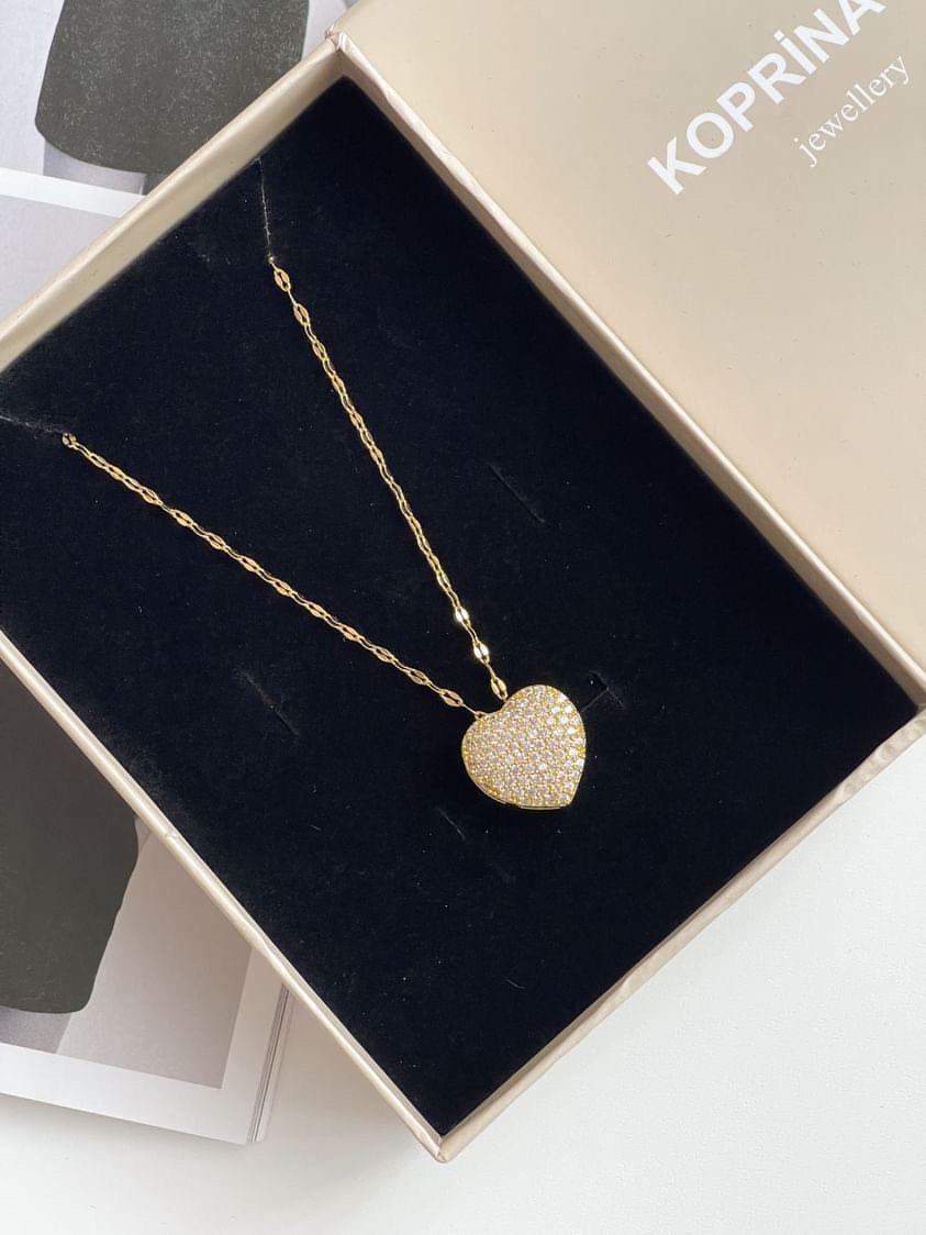 Çelik Gold Zirkon Taşlı Kalp Kolye (45 Cm)
