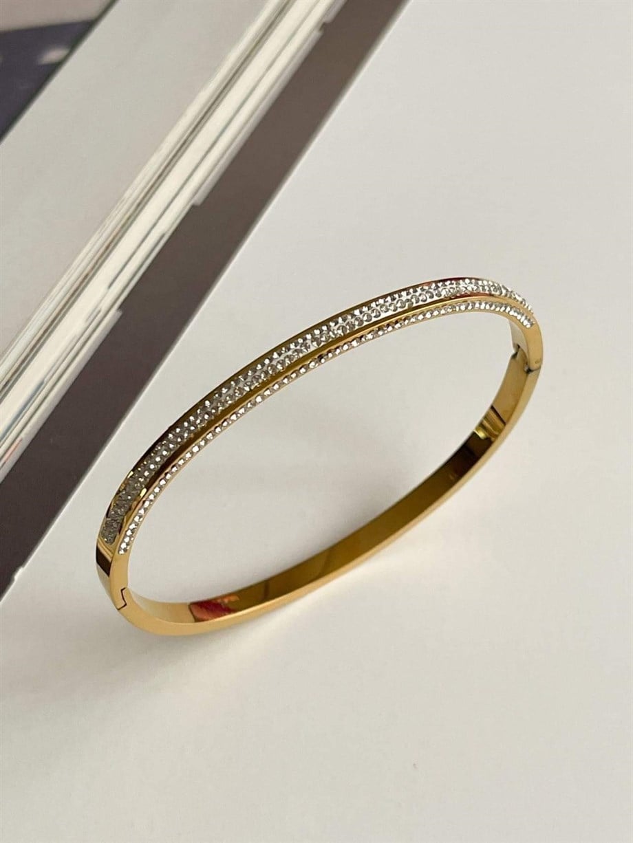 Çelik Gold Zirkon Taşlı Kelepçe Bileklik (6.5 Cm)