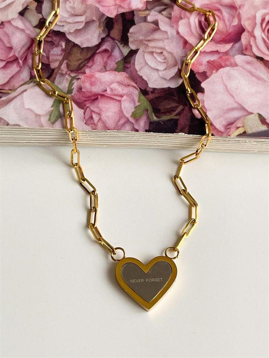 Çelik Gri Gold Never Forget Yazılı Kalp Minimal Kolye (48 Cm)