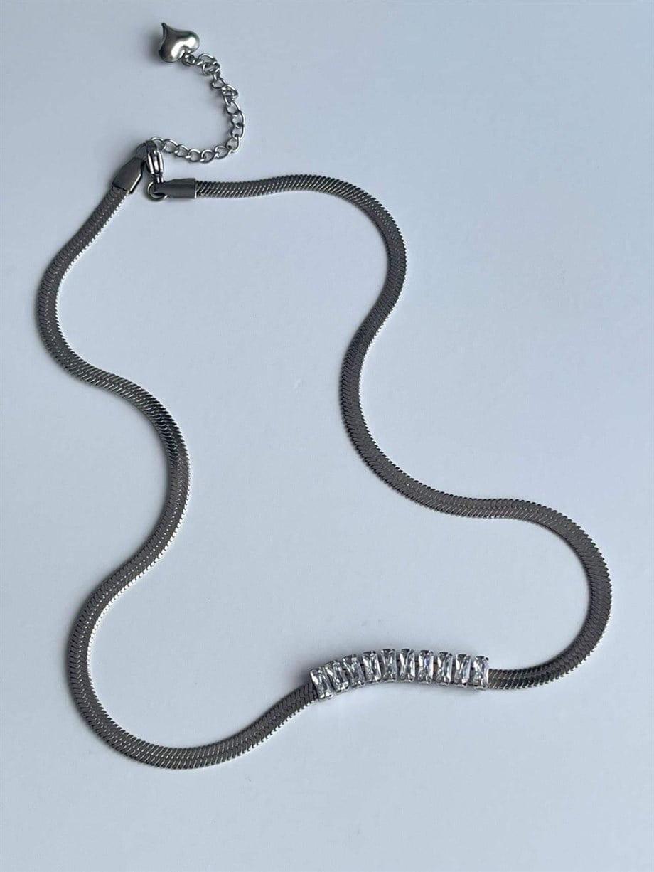 Çelik Gümüş Renk Baget Taşlı İtalyan Zincir Kolye (46 Cm)
