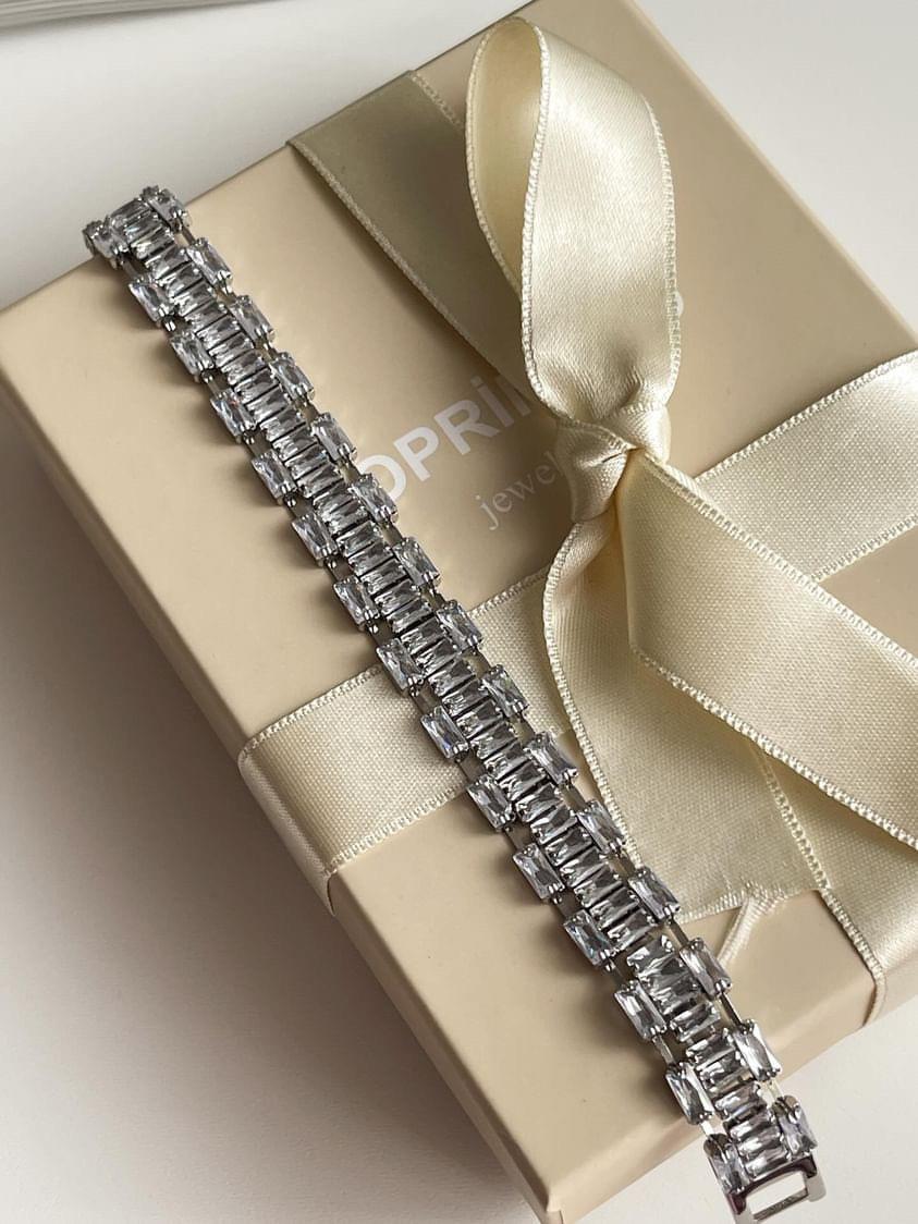 Çelik Gümüş Renk Baget Taşlı Kalın Liza Bileklik (19 Cm)