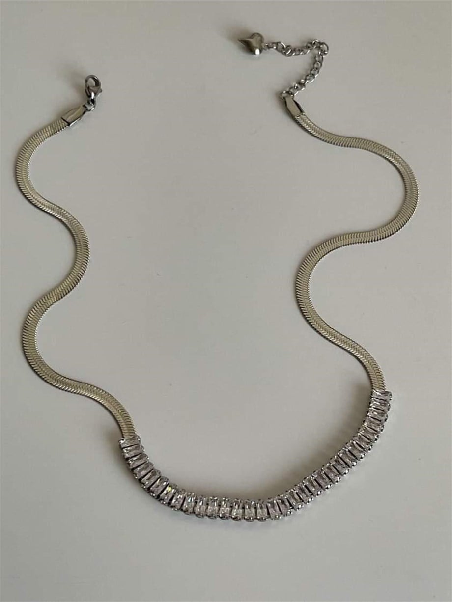 Çelik Gümüş Renk Beyaz Baget Taşlı İtalyan Zincir Kolye (47 Cm)