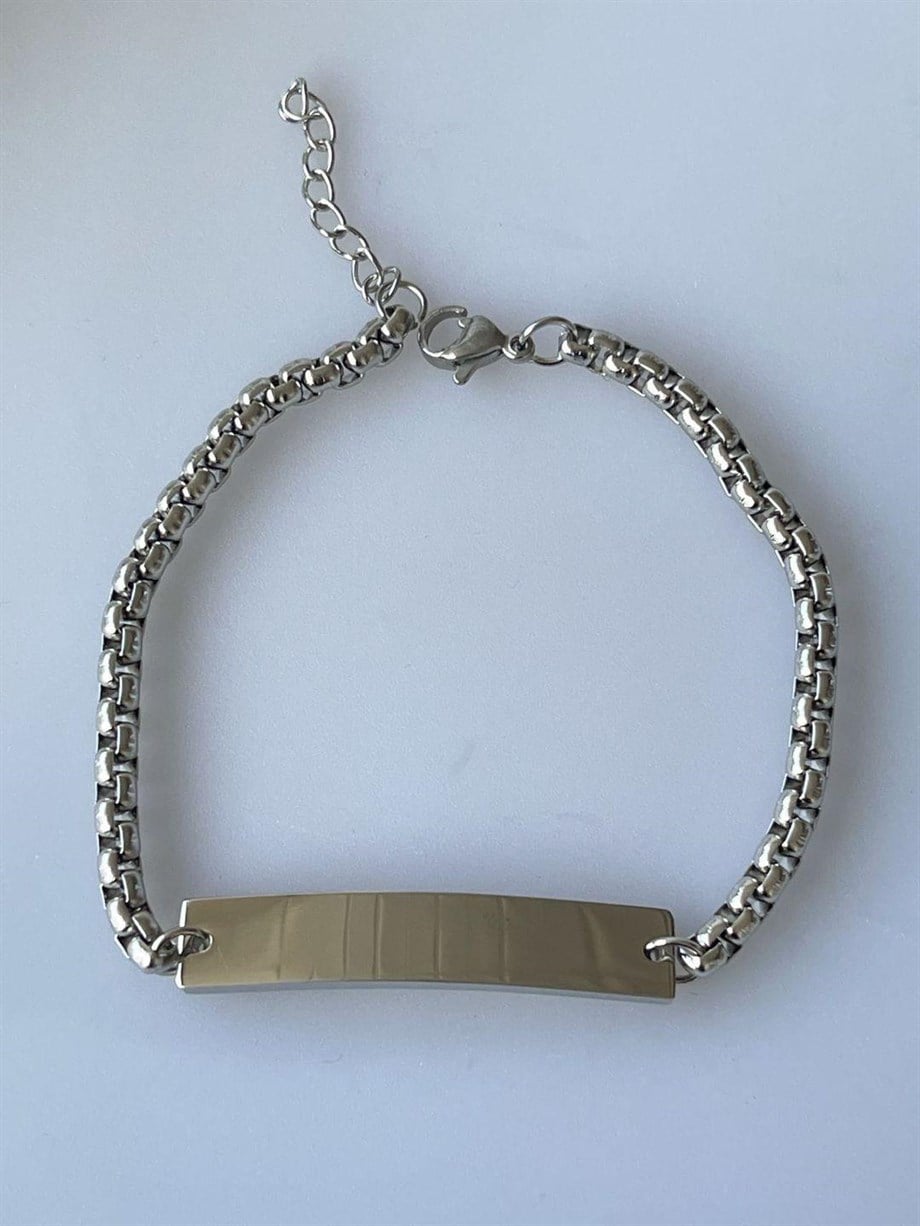 Çelik Gümüş Renk İsim Yazdırabilir Künye Bileklik (22 Cm)
