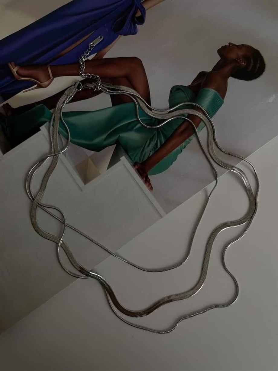 Çelik Gümüş Renk İtalyan Zincir Snake Kombinli Üçlü Birleşik Kombin Kolye (48 Cm)