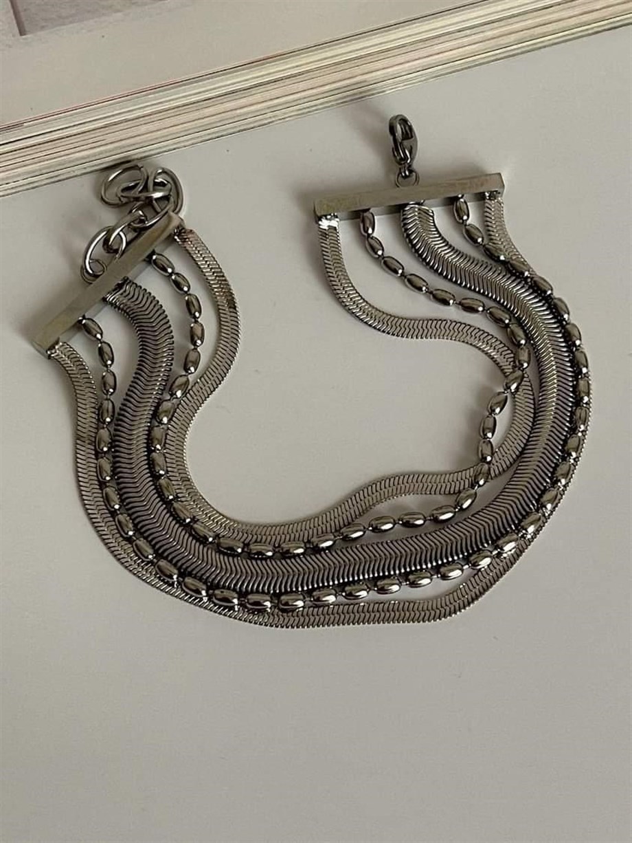 Çelik Gümüş Renk İtalyan Zincirli Topçuklu Beşli Birleşik Kombin Bileklik (22 Cm)