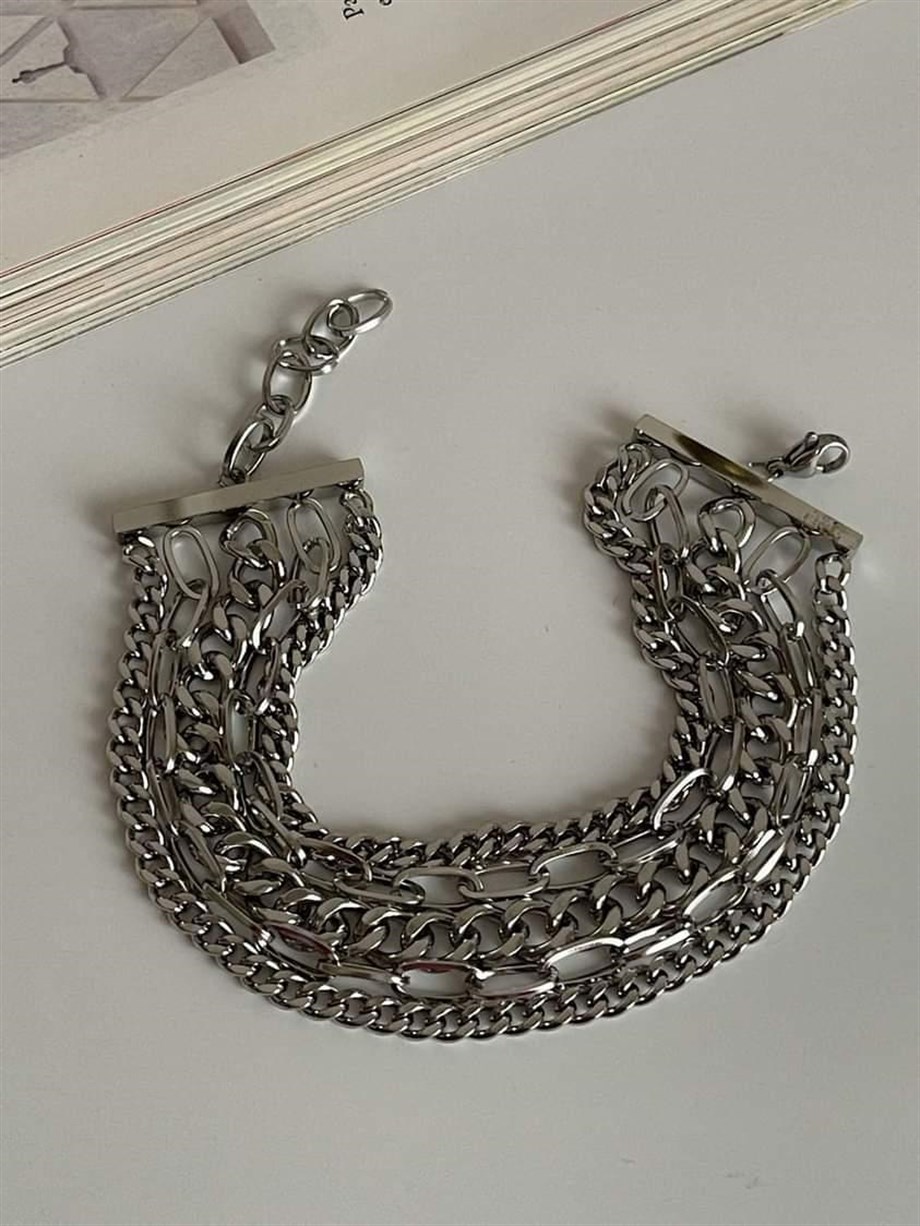 Çelik Gümüş Renk Klasik Zincirli Beşli Birleşik Kombin Bileklik (22 Cm)