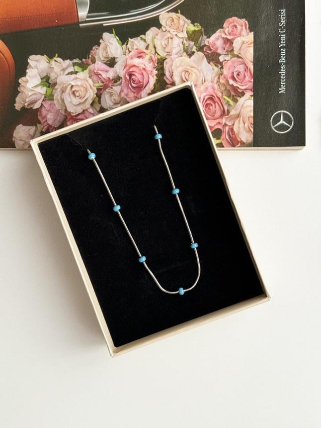 Çelik Gümüş Renk Mavi Boncuklu Minimal Kolye (45 Cm)