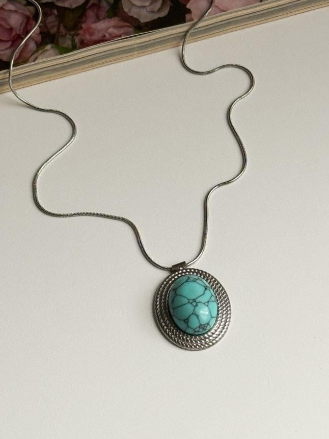 Çelik Gümüş Renk Mavi Firuze Kolye (50 Cm)