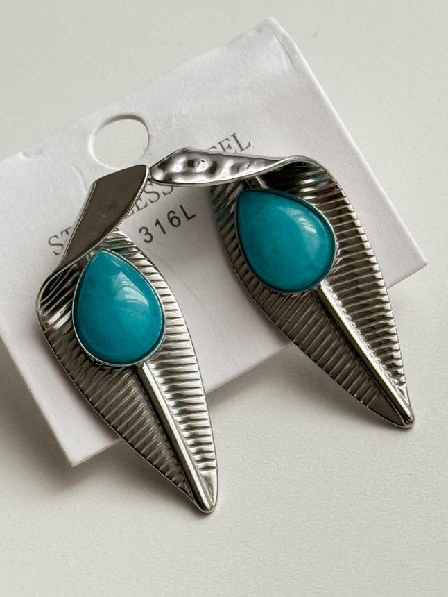 Çelik Gümüş Renk Mavi Firuze Taşlı Küpe (4 Cm)