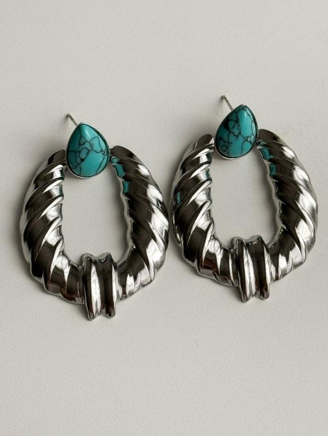 Çelik Gümüş Renk Mavi Firuze Taşlı Vintage Küpe (5 Cm)