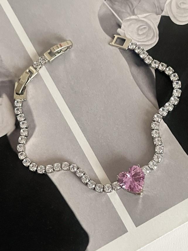Çelik Gümüş Renk Pembe Kalpli Su Yolu Prenses Bileklik (20 Cm)