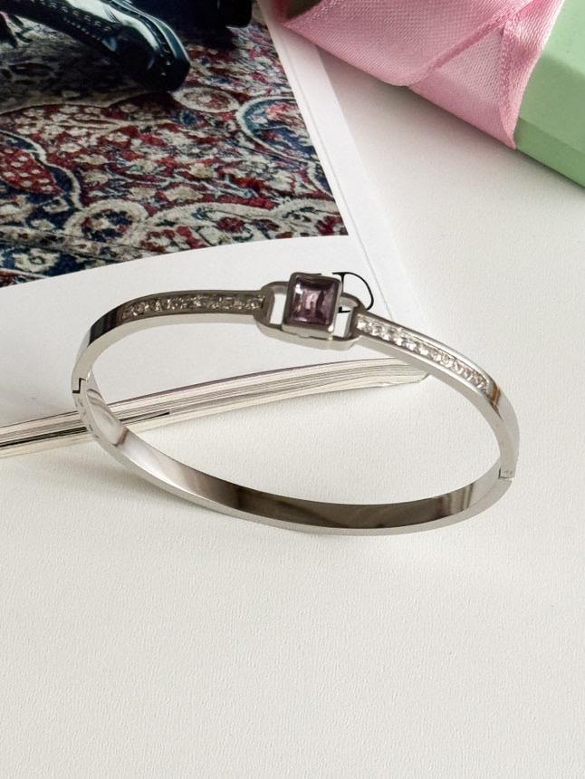 Çelik Gümüş Renk Pembe Taşlı Kelepçe Bileklik
