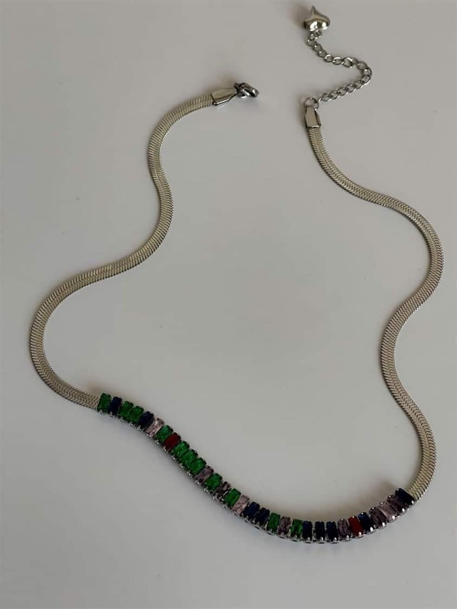 Çelik Gümüş Renk Renkli Baget Taşlı İtalyan Zincir Kolye (47 Cm)