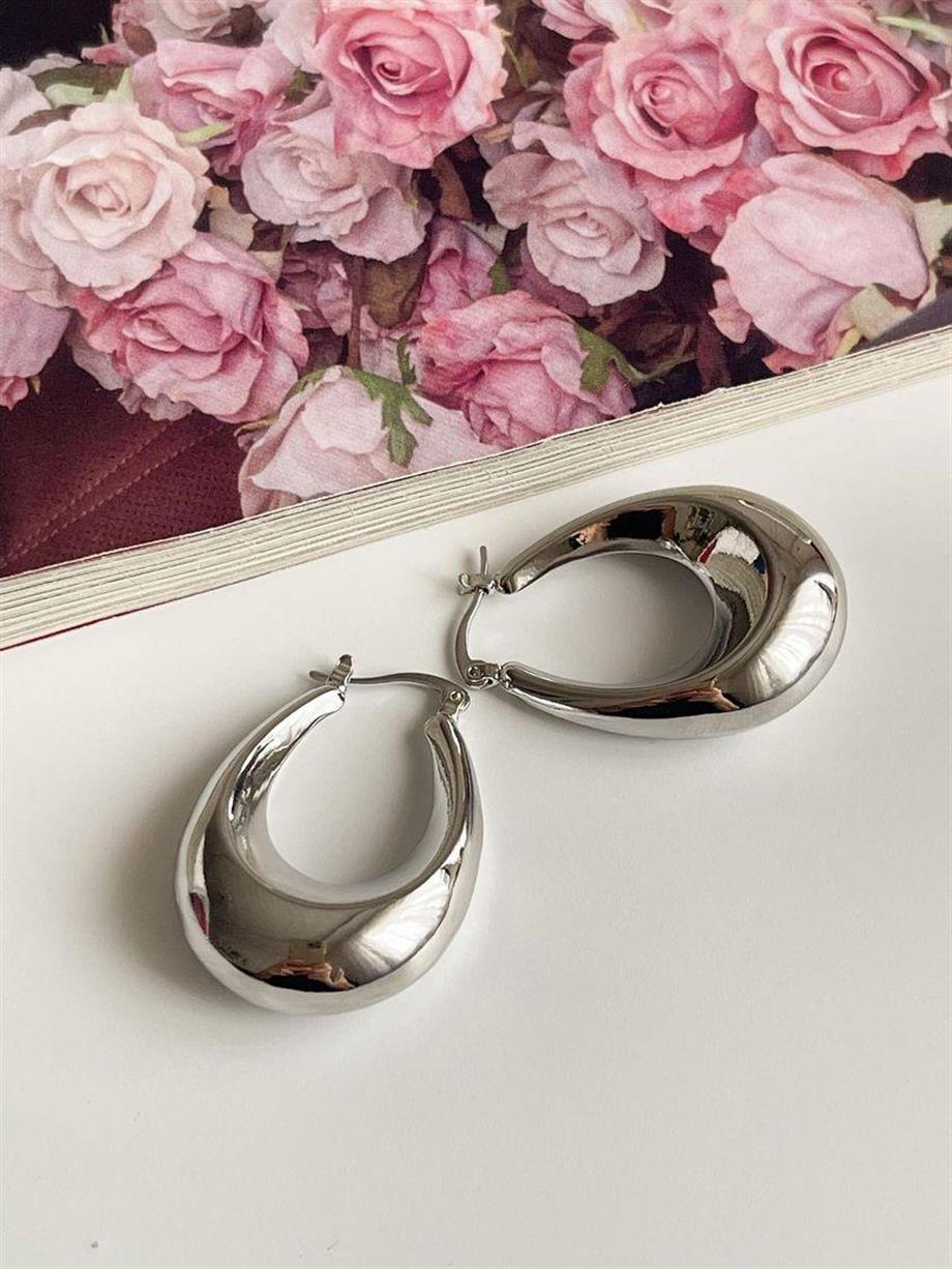 Çelik Gümüş Renk Steel Oval Halka Küpe (3.5 Cm)