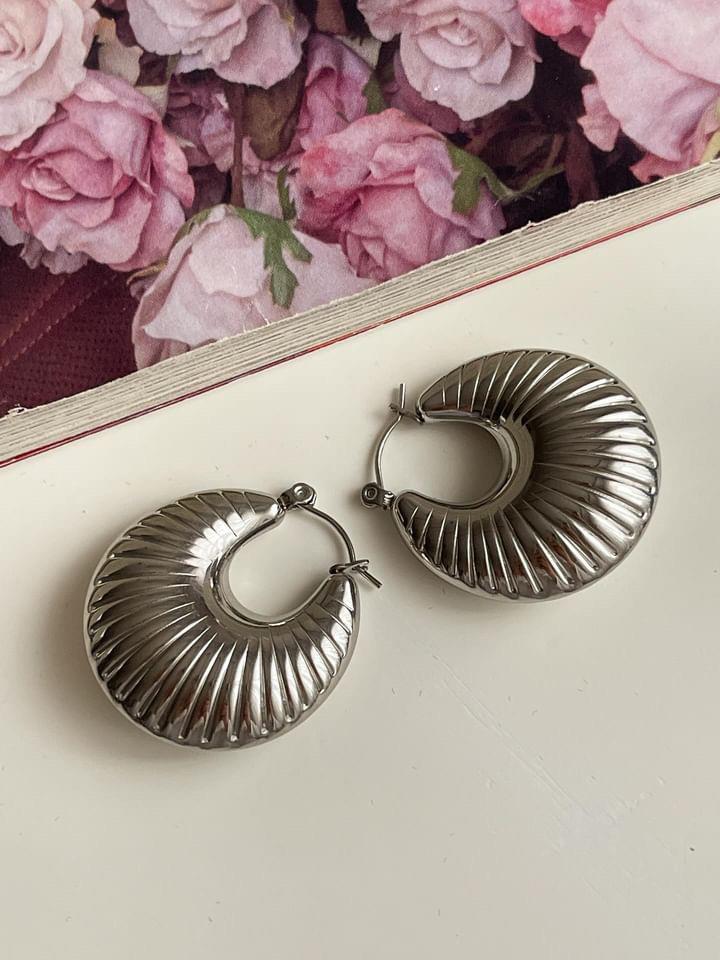 Çelik Gümüş Renk Tombul Midye Küpe (3 Cm)