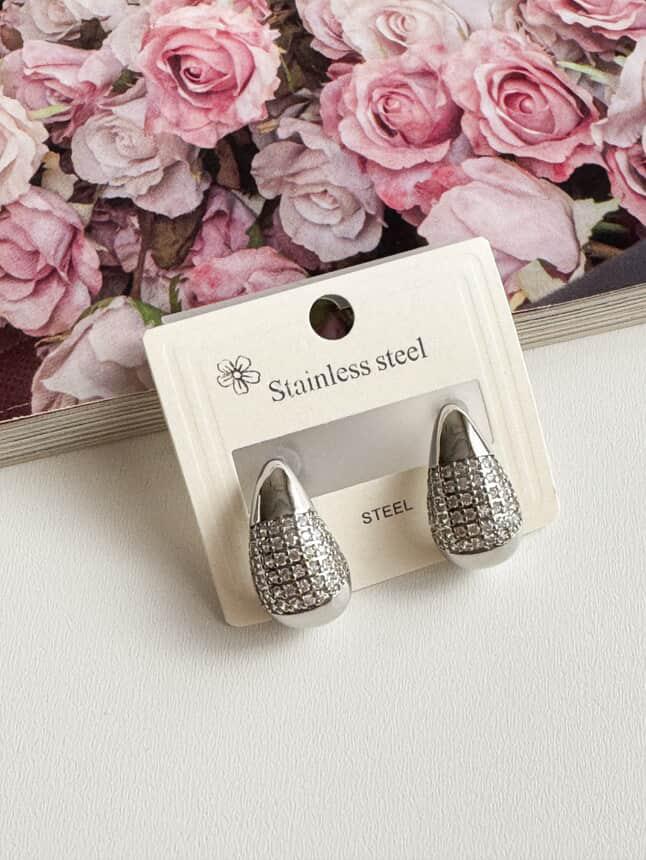 Çelik Gümüş Renk Zirkon Taşlı Bottega Küpe (2 Cm)