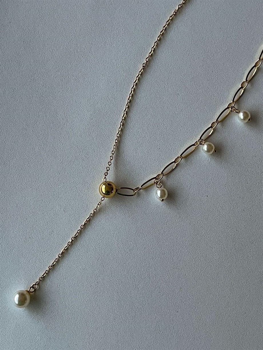 Çelik İnci Gold Kombinli Minimal Kolye (47 Cm)