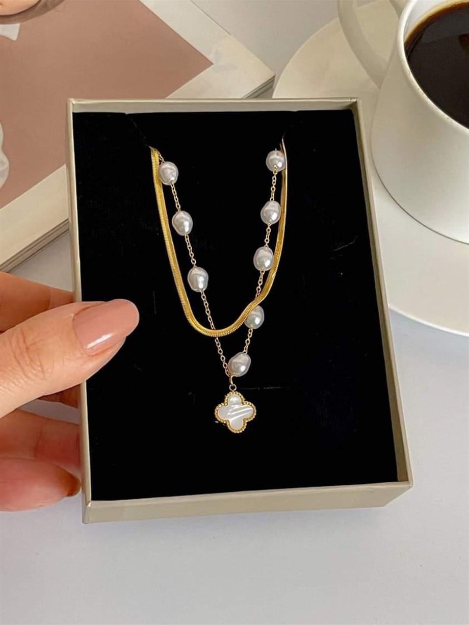 Çelik İncili İtalyan Zincirli Van Cleef Uçlu İkili Birleşik Kombin Kolye (43 Cm) 