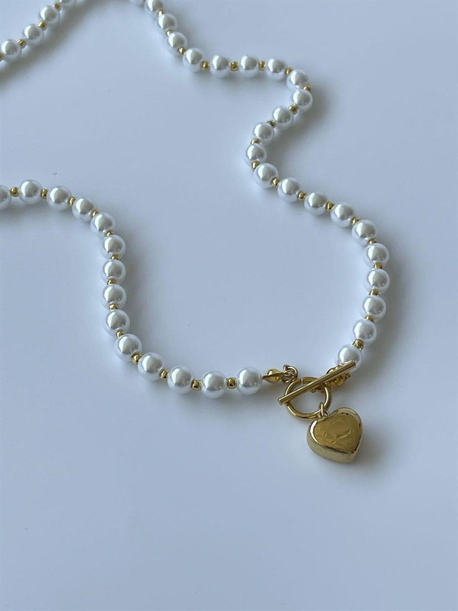 Çelik İncili Kalpli Kolye (41 Cm)