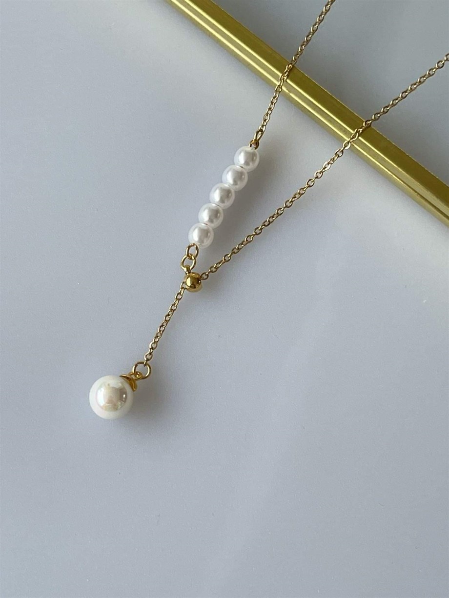 Çelik İncili Minimal Kolye (48 Cm)