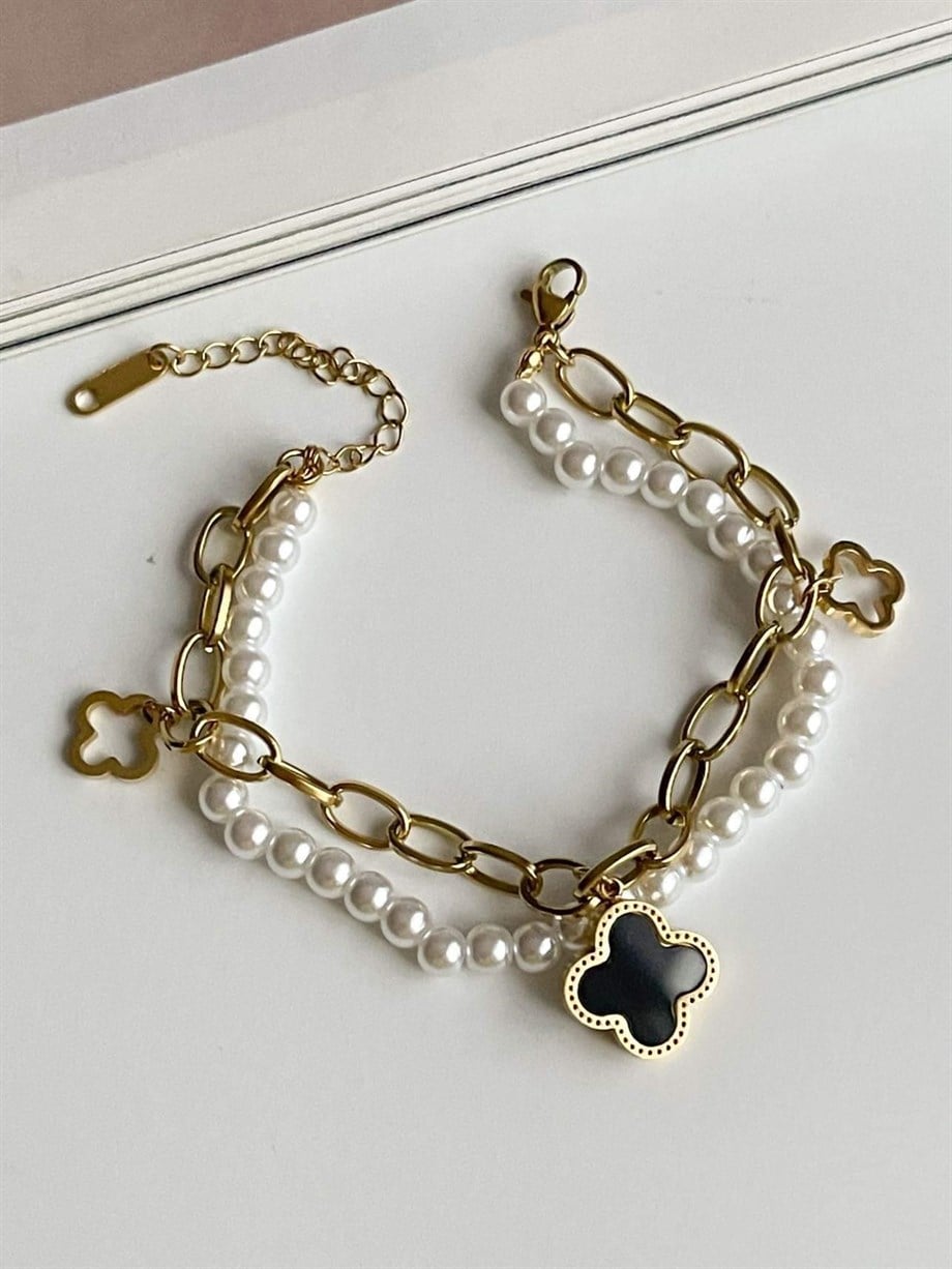 Çelik İncili Siyah Van Cleef İkili Birleşik Kombin Bileklik (22 Cm)