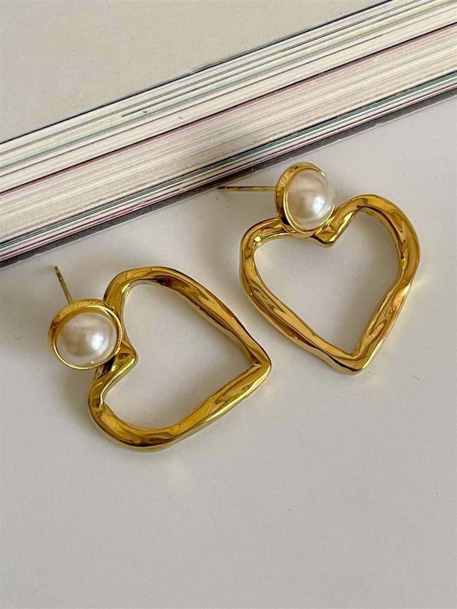 Çelik İncili Vintage Kalp Küpe (3 Cm)