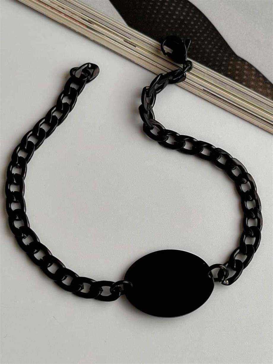Çelik İsim Yazılabilen Künye Siyah Bileklik (21 Cm)