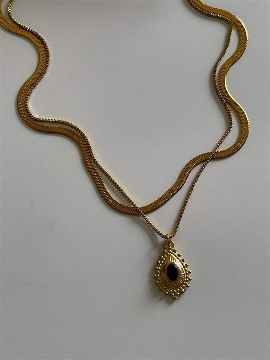 Çelik İtalyan Lacivert Taşlı Vintage İkili Birleşik Olmayan Kombin Kolye (47 Cm)