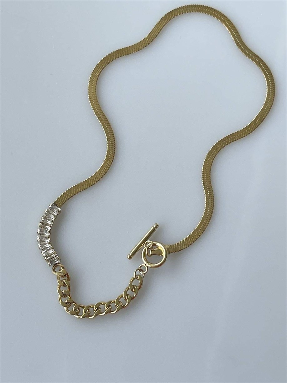 Çelik İtalyan Zincir Baget Taşlı Özel Tasarım Kolye (42 Cm)