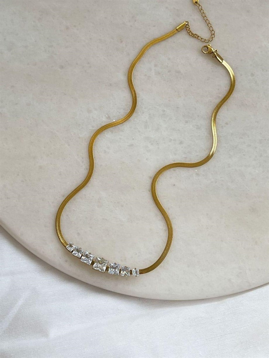 Çelik İtalyan Zincir Beyaz Baget Taşlı Kolye (46 Cm)